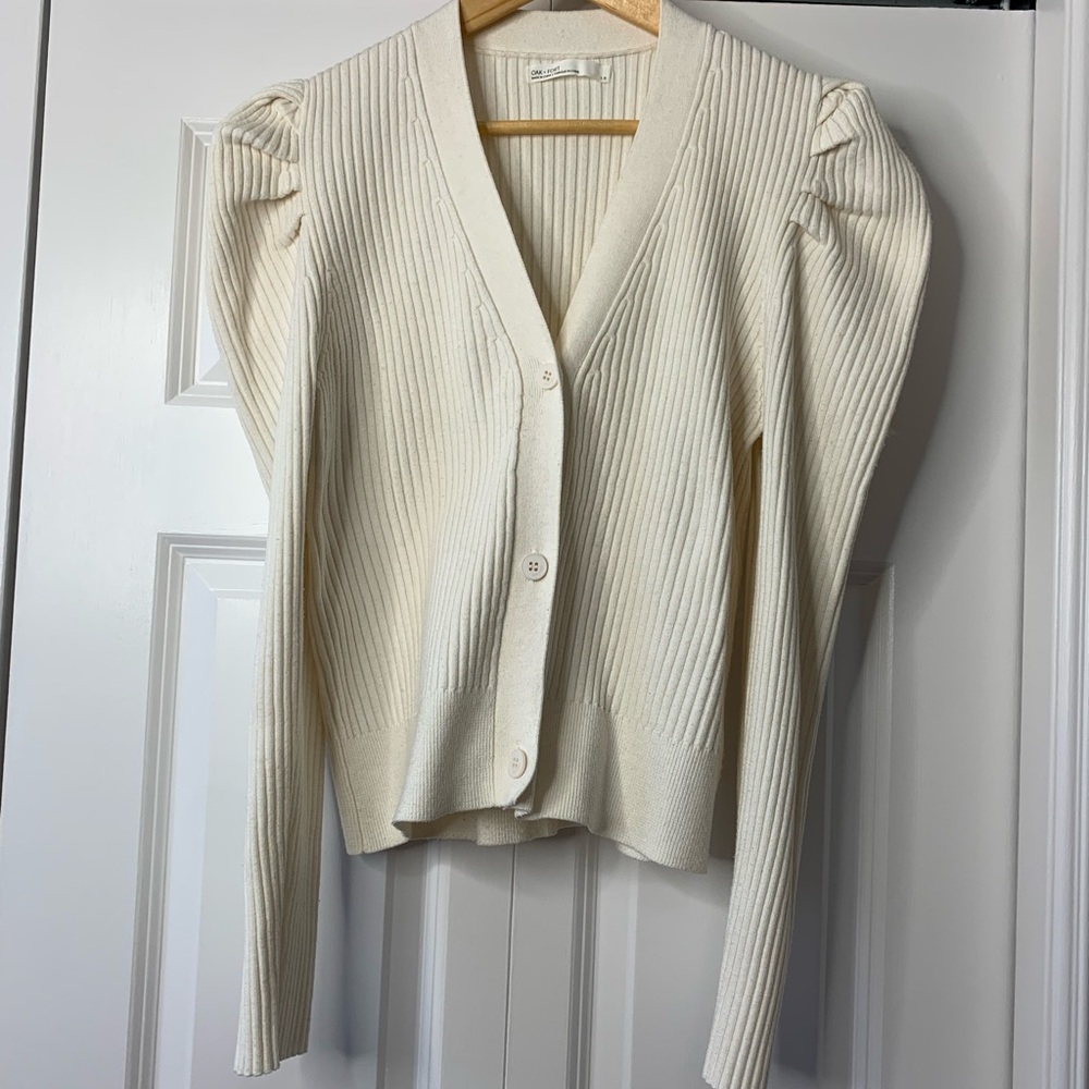 OAK + FORT Cream Puff Sleeved Ribbed Knit Cardigan Size L